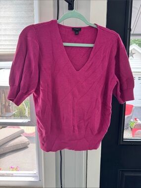 Ann Taylor Factory Fuchsia V-Neck Short Sleeve Sweater